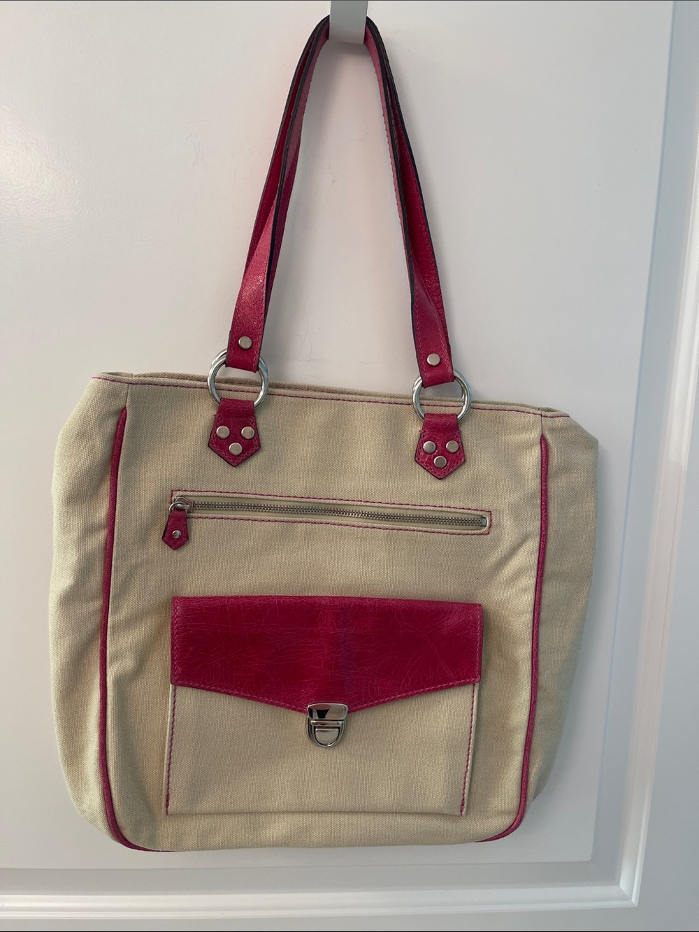 Nordstrom Beige Canvas Tote Purse with Pink Stripe lining. Vegan leather